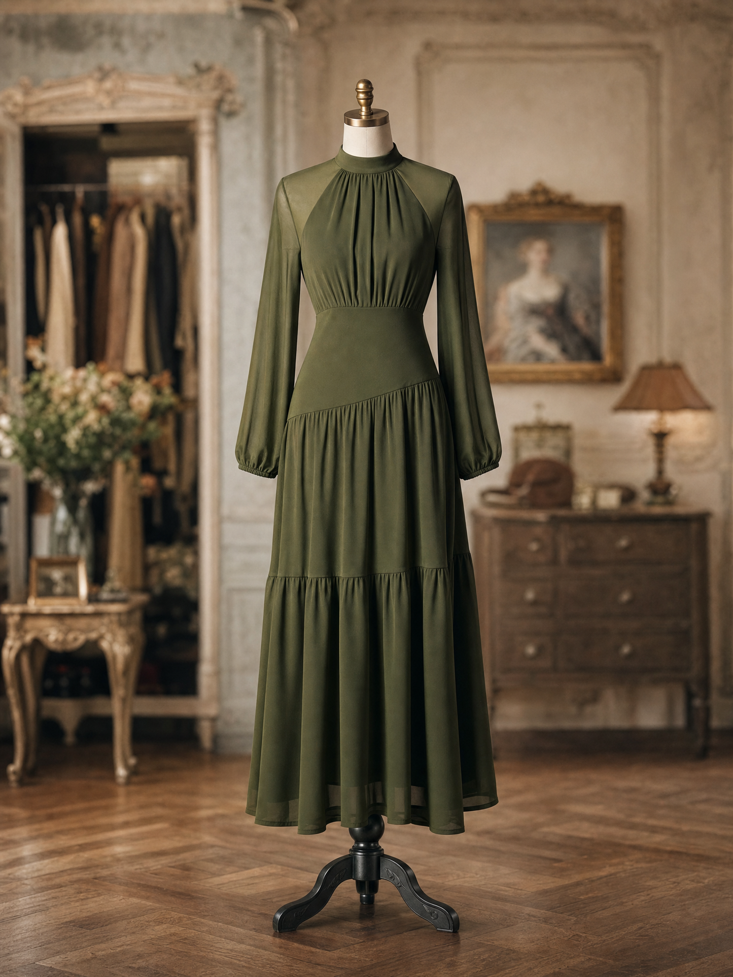 Vintage Slim Chiffon Lantern-Sleeve Tiered Flared Maxi Dress