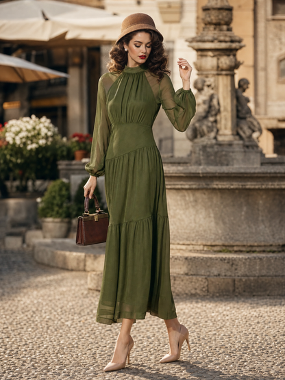 Vintage Slim Chiffon Lantern-Sleeve Tiered Flared Maxi Dress