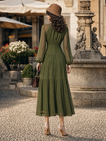 Vintage Slim Chiffon Lantern-Sleeve Tiered Flared Maxi Dress