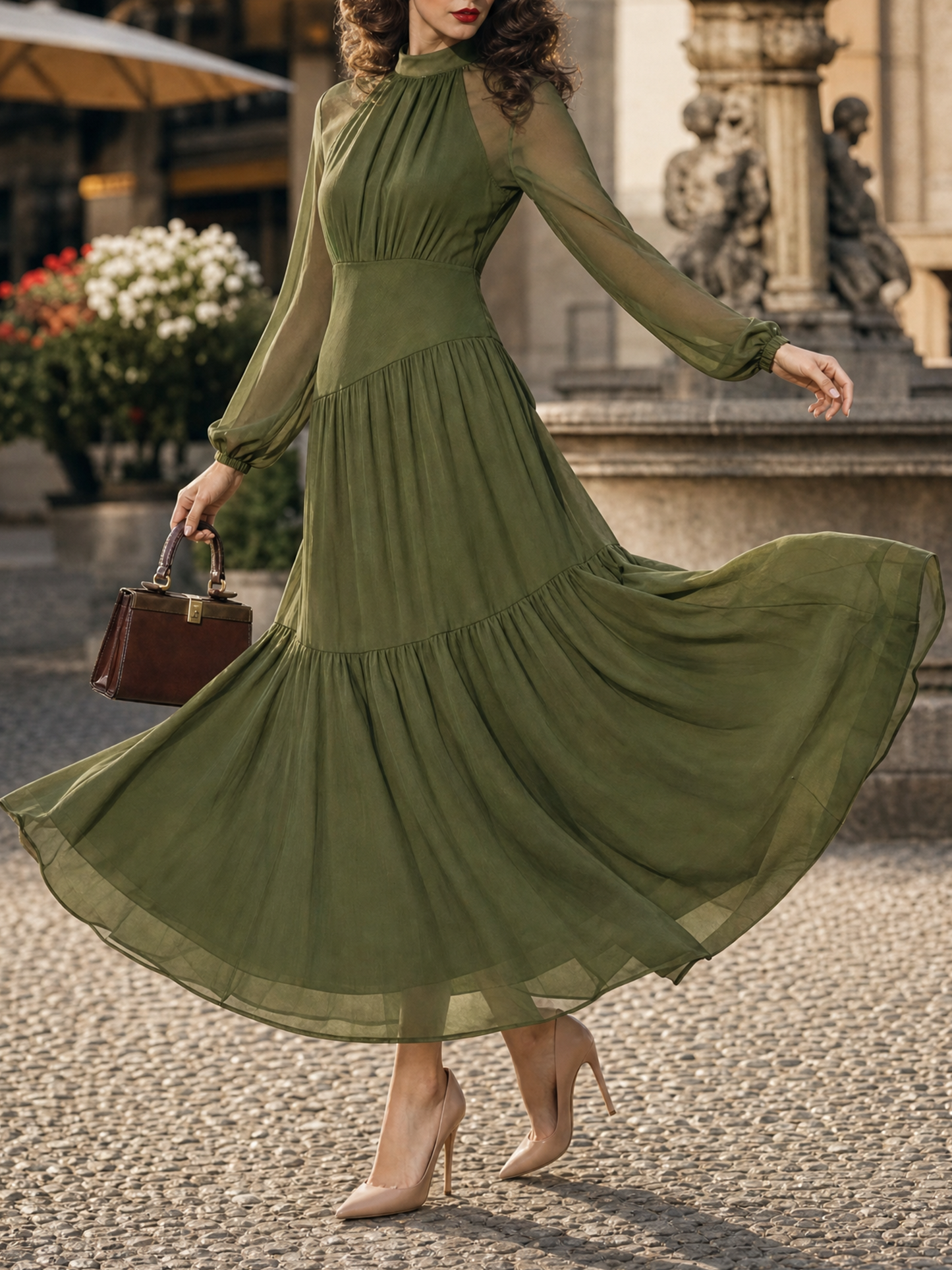 Vintage Slim Chiffon Lantern-Sleeve Tiered Flared Maxi Dress