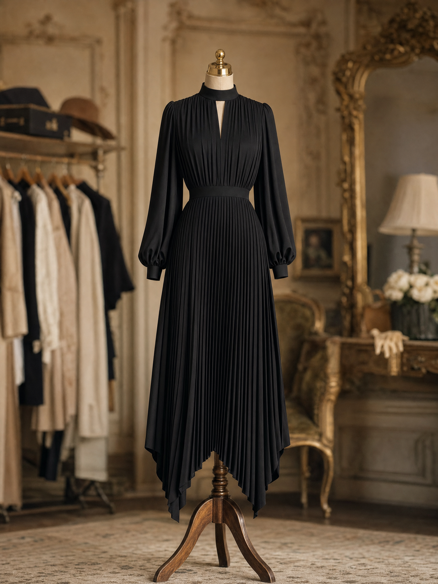 Vintage Hepburn Black Pleated Puff-Sleeve Commuter Slim Midi Dress