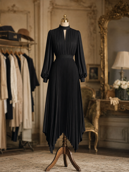 Vintage Hepburn Black Pleated Puff-Sleeve Commuter Slim Midi Dress
