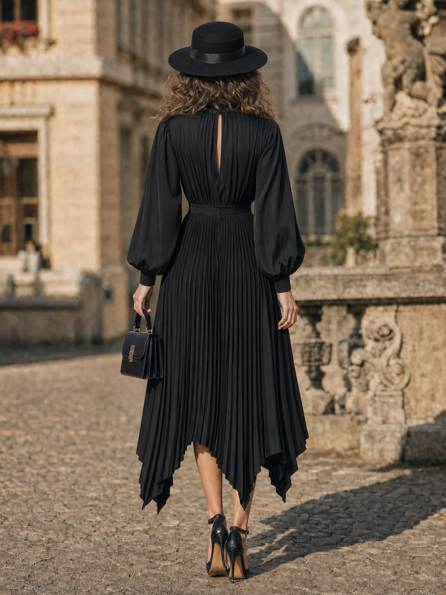 Vintage Hepburn Black Pleated Puff-Sleeve Commuter Slim Midi Dress