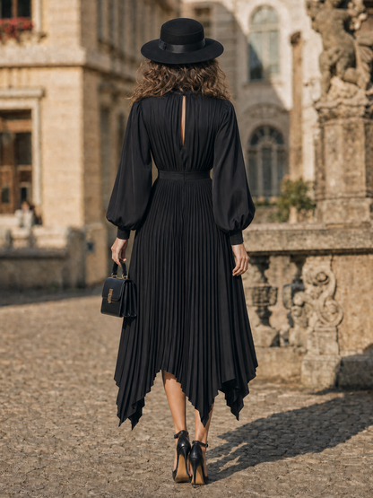 Vintage Hepburn Black Pleated Puff-Sleeve Commuter Slim Midi Dress