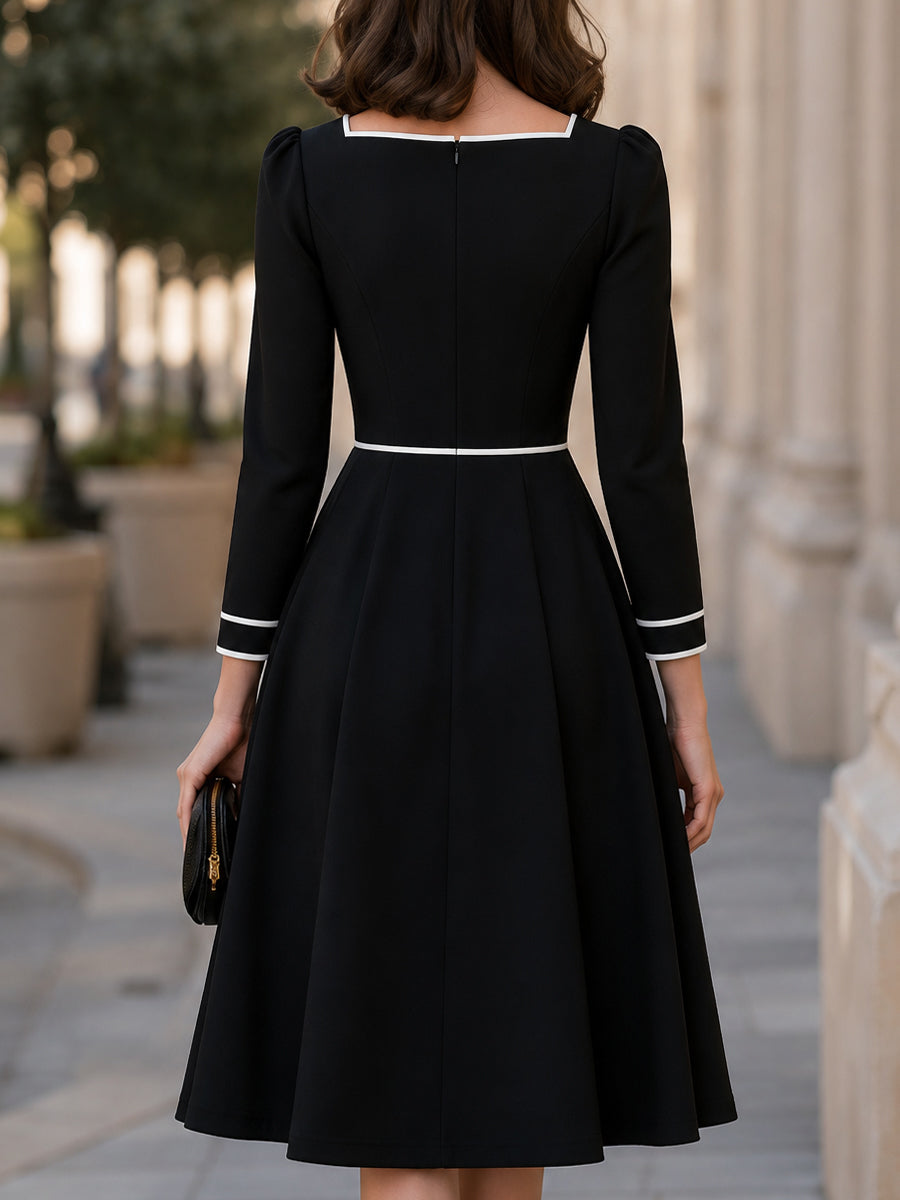 Contrast Trim Square Neck A-Line Midi Dress