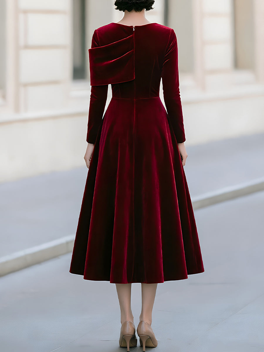 Velvet Draped Off-Shoulder A-Line Midi Dress