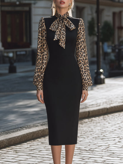 Leopard-Print Bow-Tie Sleeve Structured Midi Dress