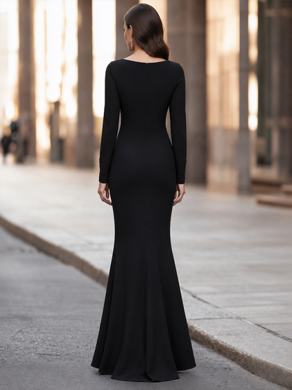 Boat-Neck Ruched-Waist Mermaid Maxi Dress