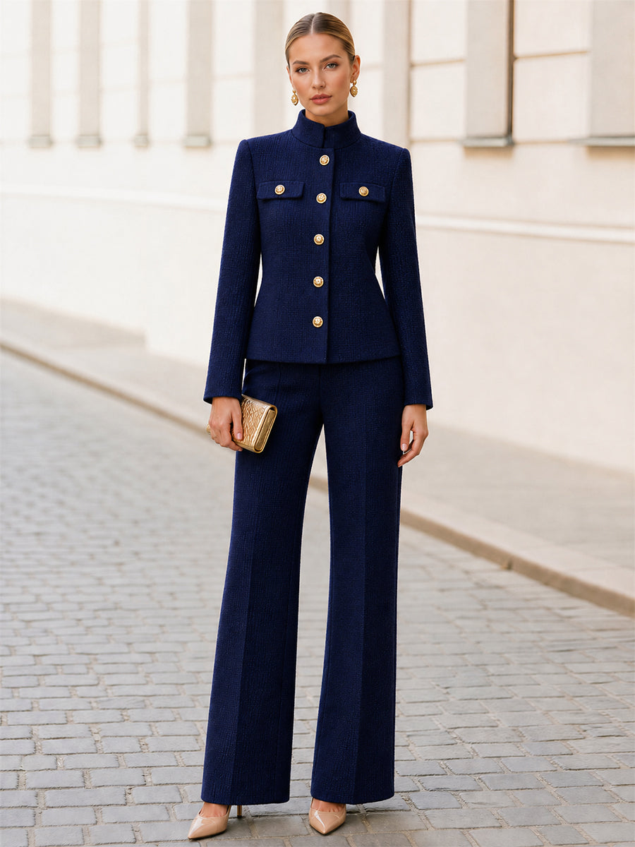 Stand Collar Jacket & Flared Trouser Co-Ord Set