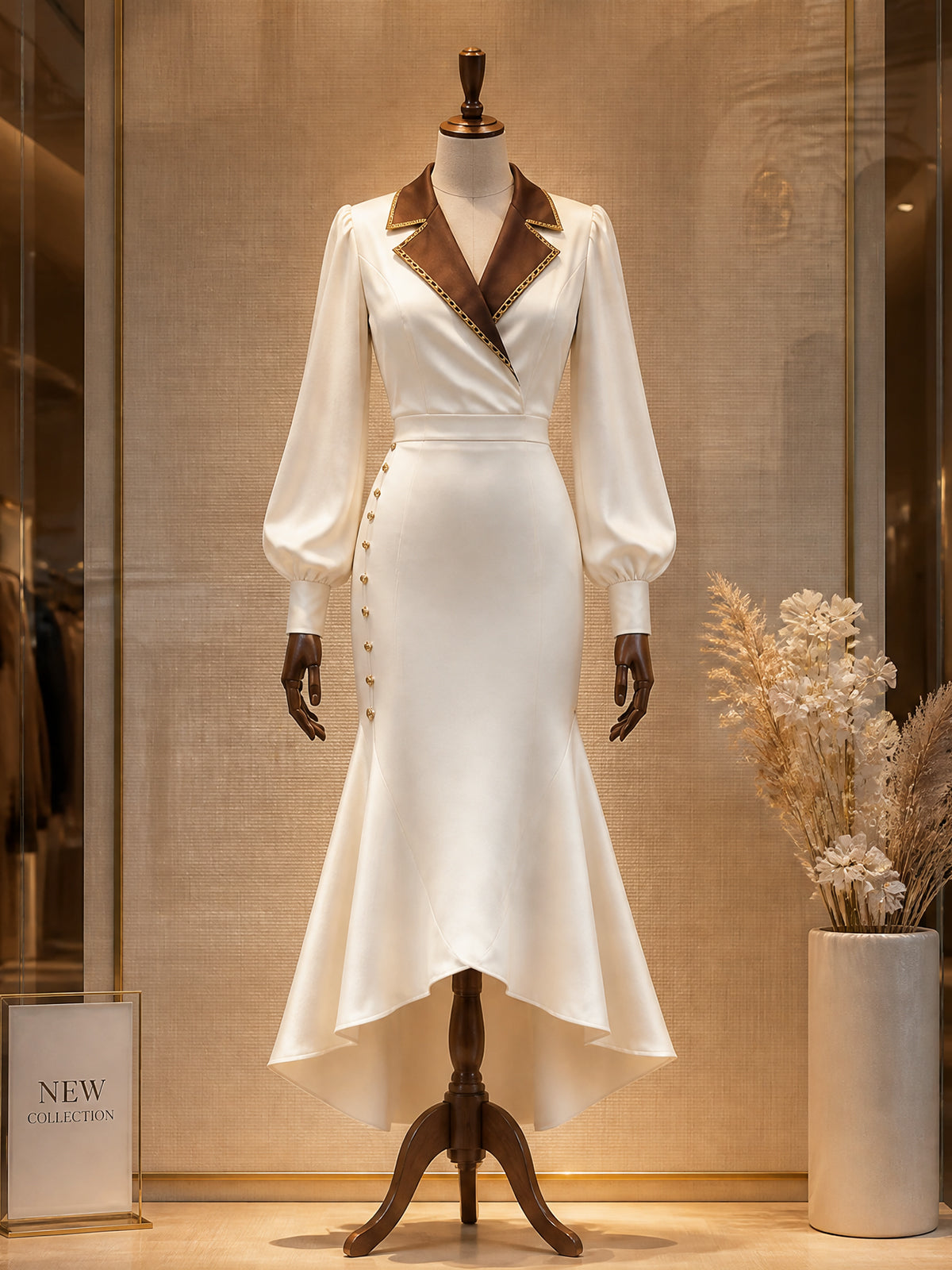 Vintage Contrast Notch Lapel Satin Bishop Sleeve Gold Button Detailing Mermaid Midi Dress
