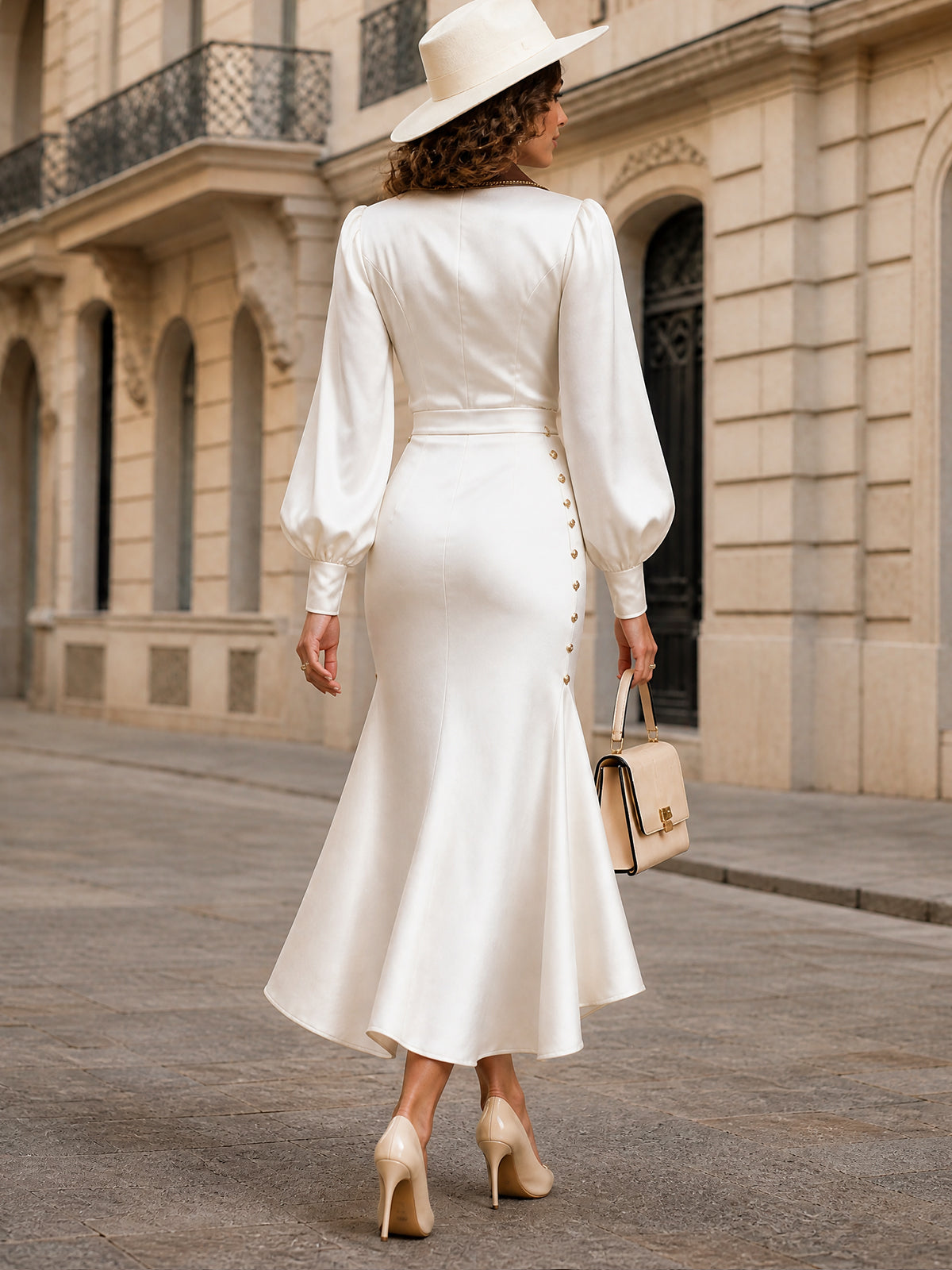 Vintage Contrast Notch Lapel Satin Bishop Sleeve Gold Button Detailing Mermaid Midi Dress