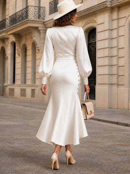 Vintage Contrast Notch Lapel Satin Bishop Sleeve Gold Button Detailing Mermaid Midi Dress