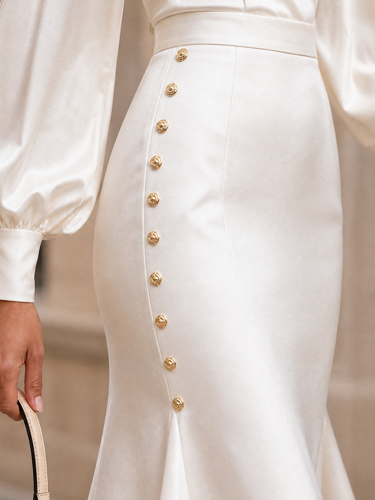 Vintage Contrast Notch Lapel Satin Bishop Sleeve Gold Button Detailing Mermaid Midi Dress