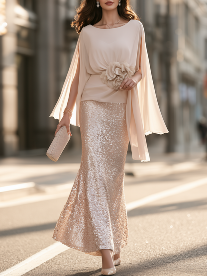 Cape-Sleeve Floral-Waist Top And Sequin Mermaid Maxi Skirt Set