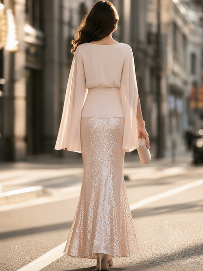 Cape-Sleeve Floral-Waist Top And Sequin Mermaid Maxi Skirt Set