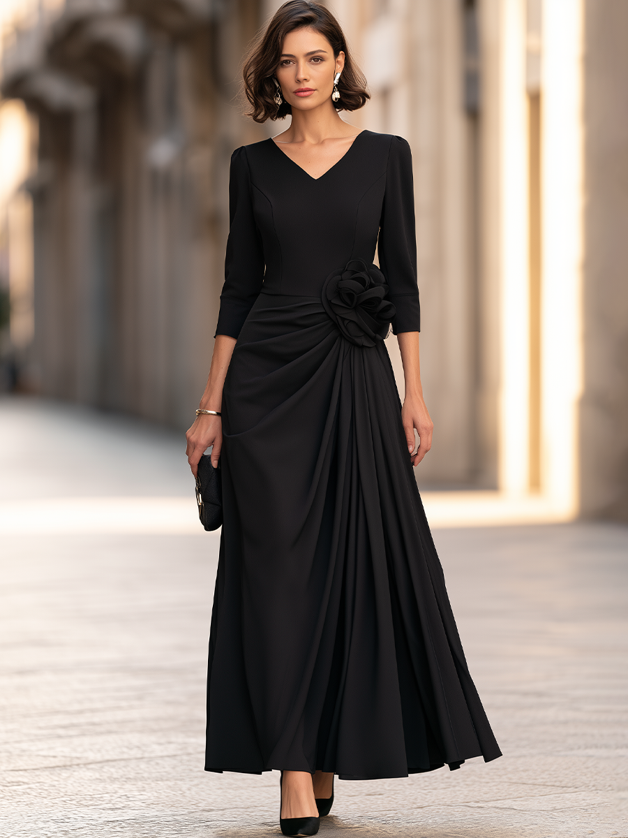 V-Neck Floral-Appliqué Draped Maxi Dress