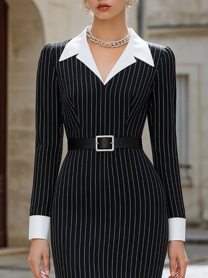 Contrast Lapel Pinstripe Belted Structured Midi Dress