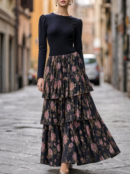 Floral Tiered-Skirt Long-Sleeve Structured Maxi Dress