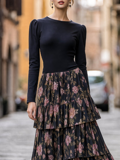 Floral Tiered-Skirt Long-Sleeve Structured Maxi Dress