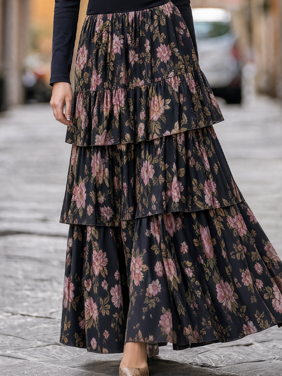 Floral Tiered-Skirt Long-Sleeve Structured Maxi Dress