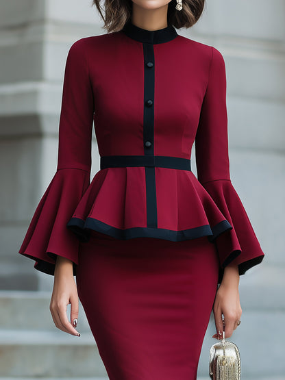 Bell-Sleeve Peplum Pencil Midi Dress
