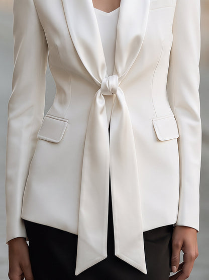 Satin-Tie Shawl Collar Tailored Blazer