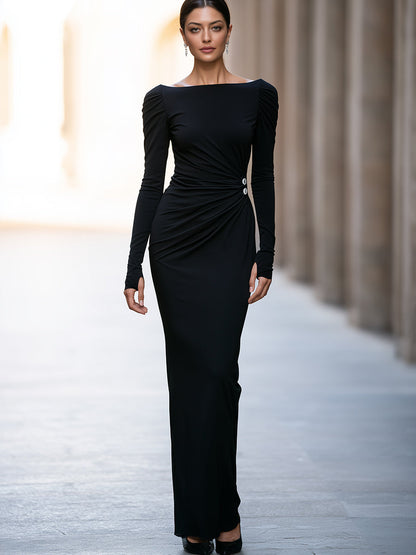 Ide-Ruched Bateau Neck Maxi Dress