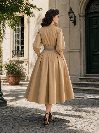 Vintage Striped Belt Stand Collar Umbrella Midi Dress
