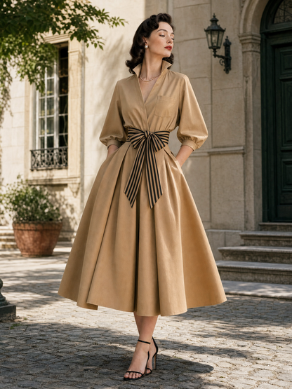 Vintage Striped Belt Stand Collar Umbrella Midi Dress