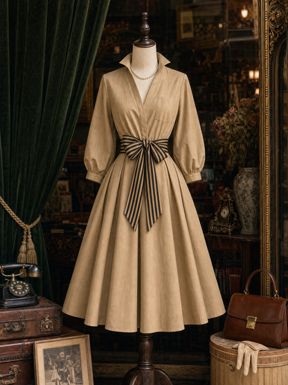 Vintage Striped Belt Stand Collar Umbrella Midi Dress