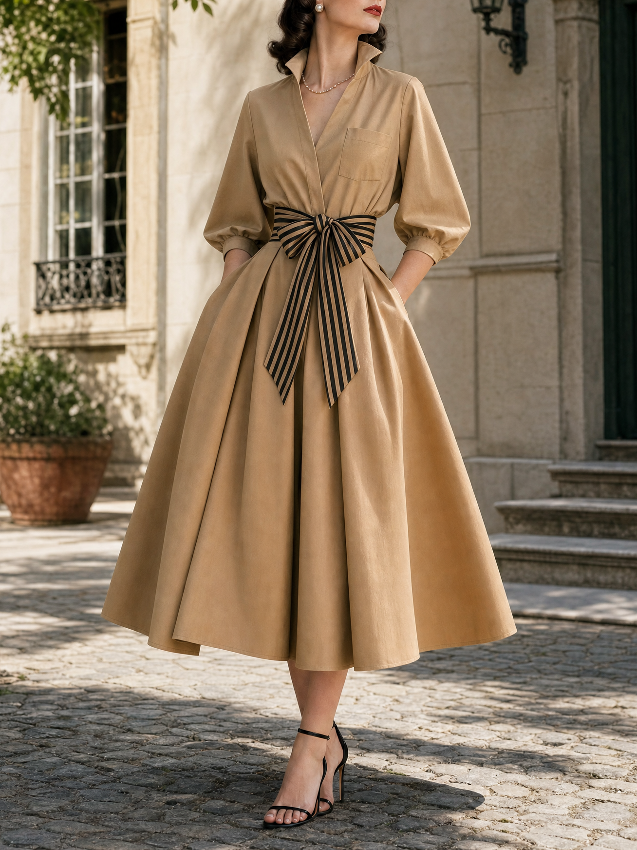 Vintage Striped Belt Stand Collar Umbrella Midi Dress