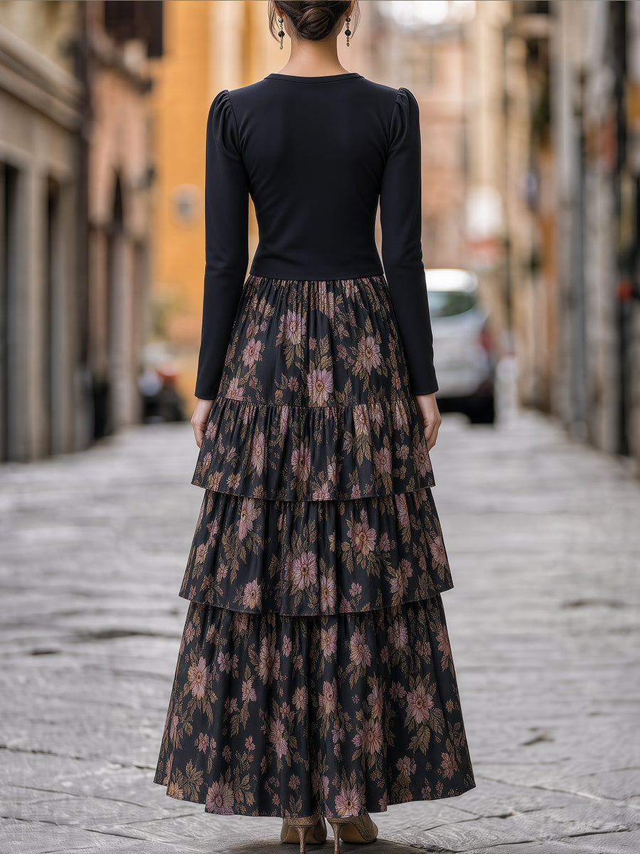 Floral Tiered-Skirt Long-Sleeve Structured Maxi Dress