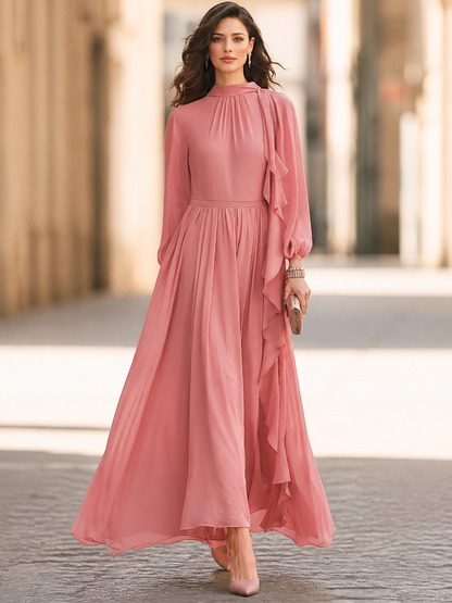 Women's Elegant Ruffle Tie Neck Long Sleeve Pleated Maxi Dress