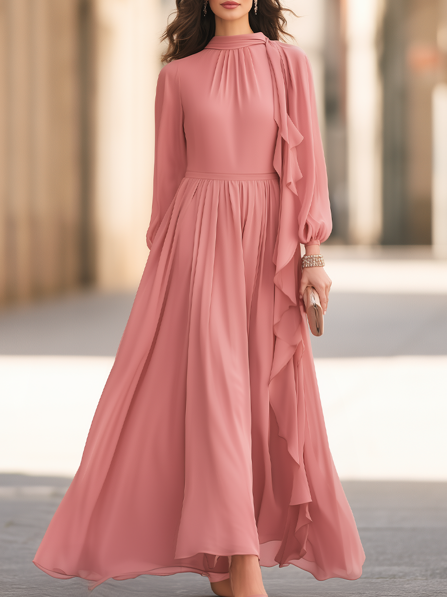 Women's Elegant Ruffle Tie Neck Long Sleeve Pleated Maxi Dress