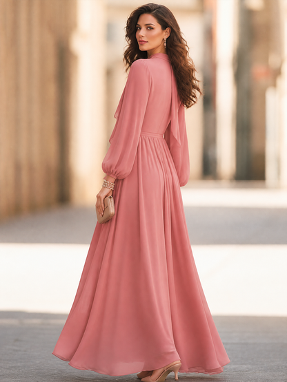 Women's Elegant Ruffle Tie Neck Long Sleeve Pleated Maxi Dress