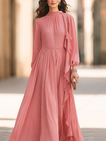 Women's Elegant Ruffle Tie Neck Long Sleeve Pleated Maxi Dress
