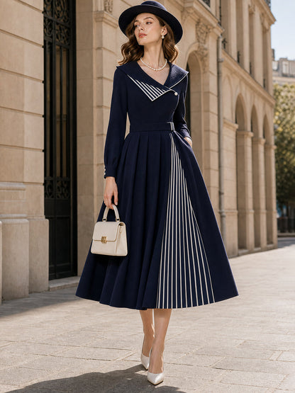 Vintage Pearl Button Belted Pleated Swing Midi Dress