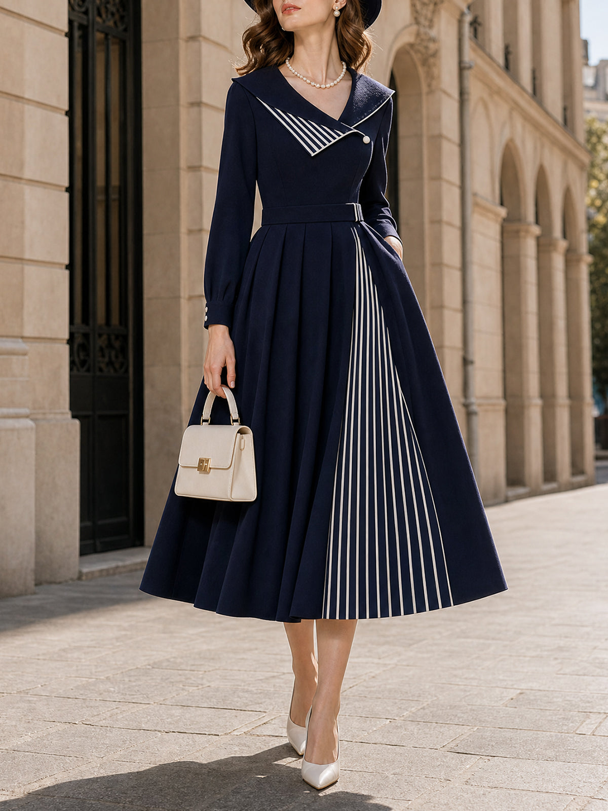 Vintage Pearl Button Belted Pleated Swing Midi Dress