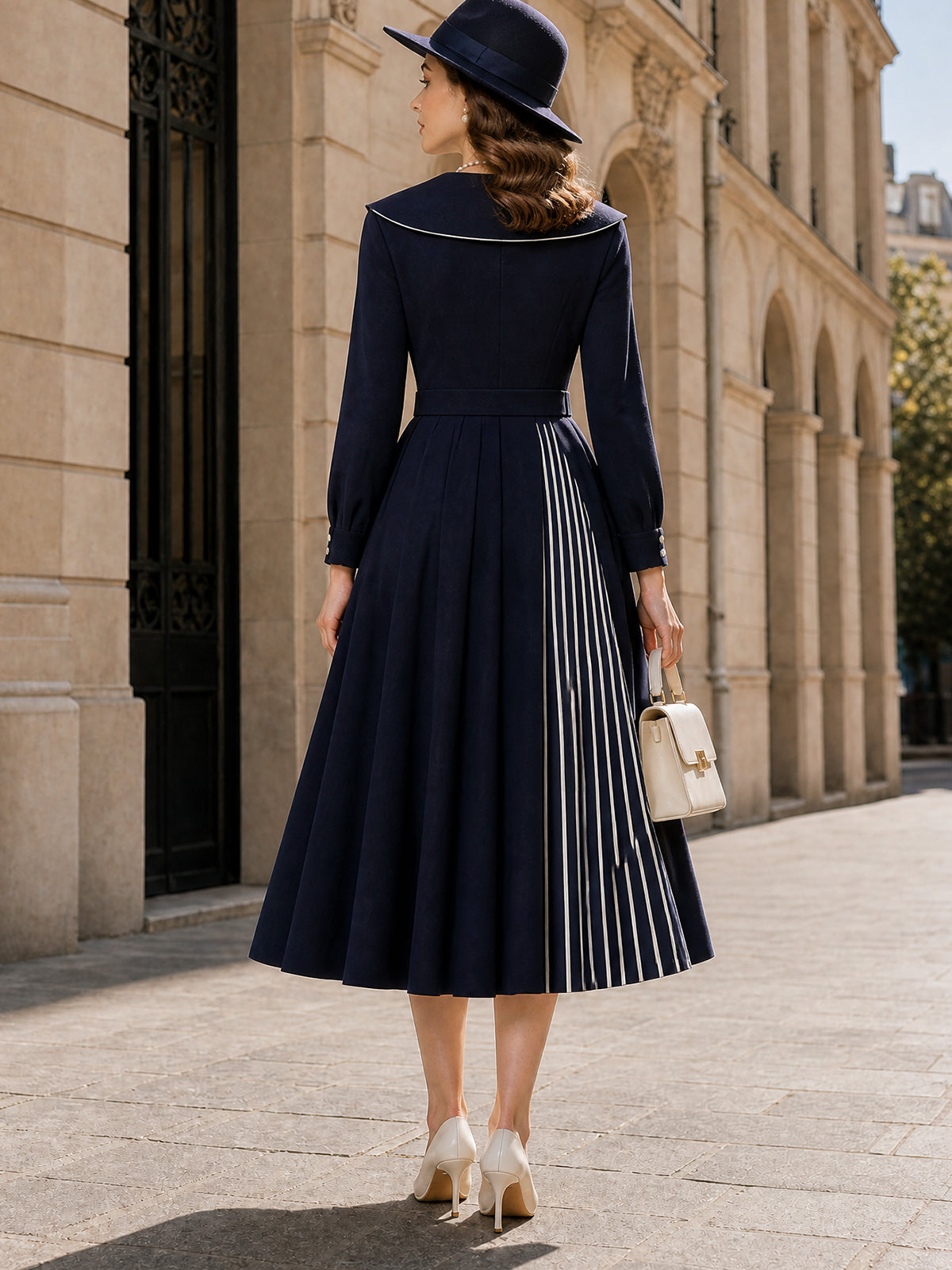 Vintage Pearl Button Belted Pleated Swing Midi Dress