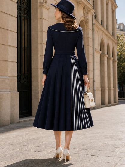 Vintage Pearl Button Belted Pleated Swing Midi Dress
