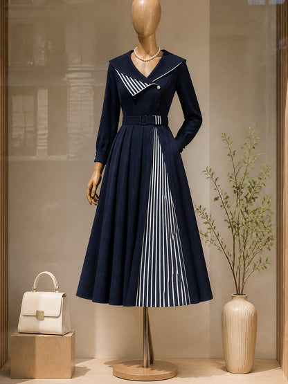 Vintage Pearl Button Belted Pleated Swing Midi Dress
