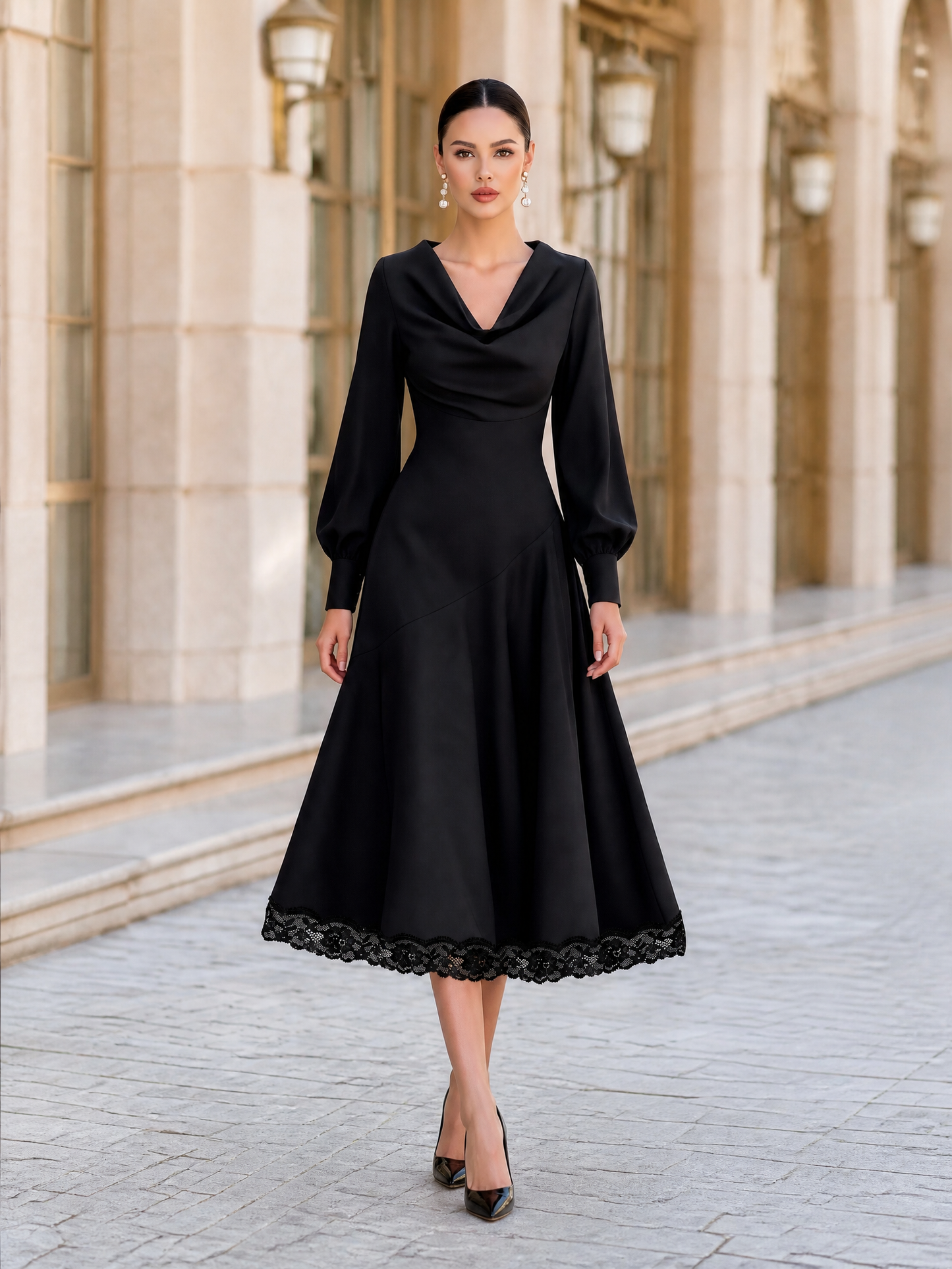 Draped Cowl Neck Lace Hem A-Line Midi Dress