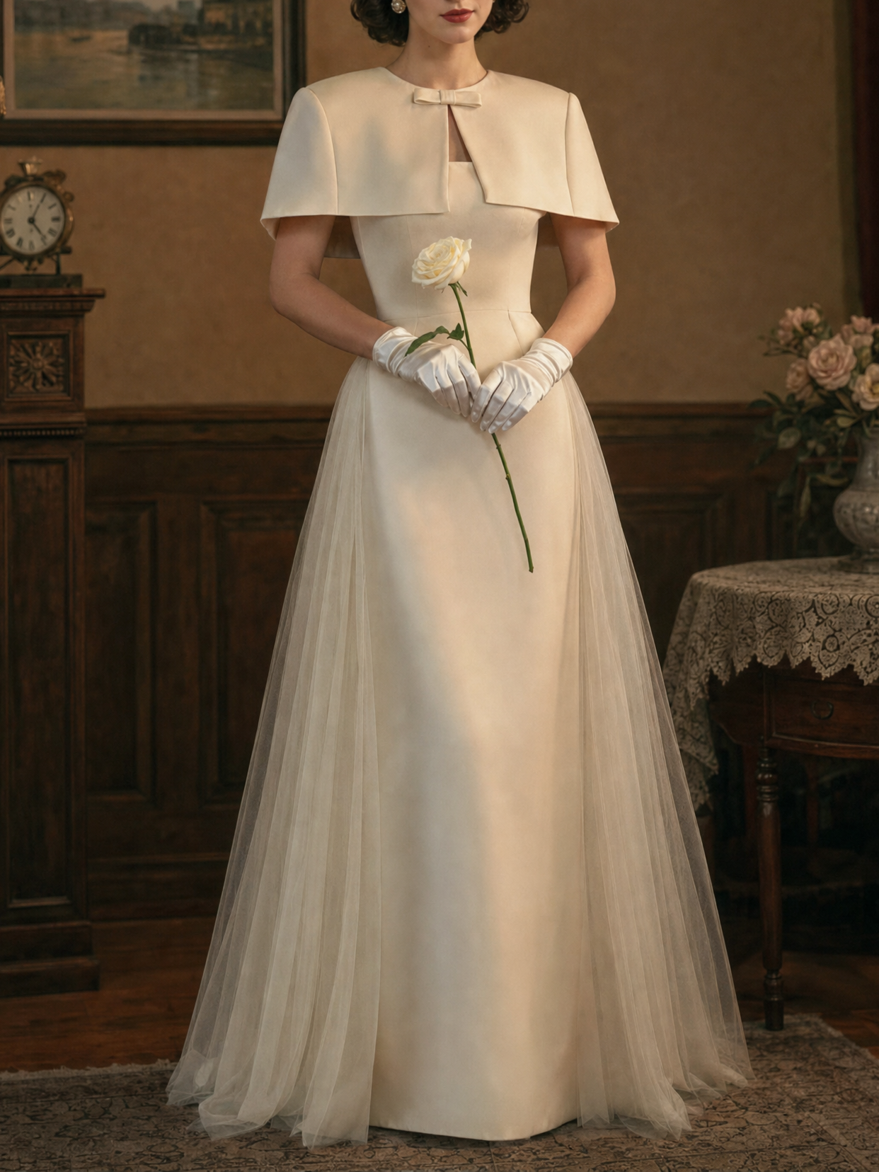 Vintage Two-Piece Set, Cape & Mesh Panel Strapless Dress