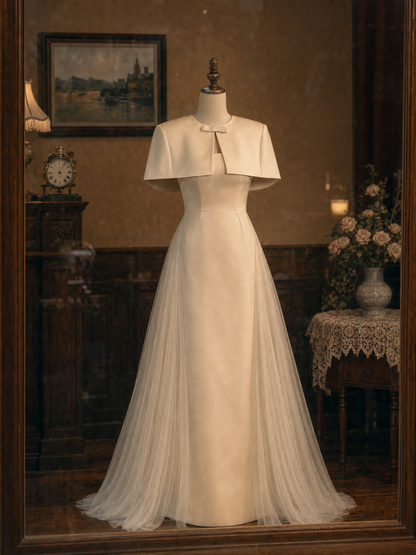 Vintage Two-Piece Set, Cape & Mesh Panel Strapless Dress