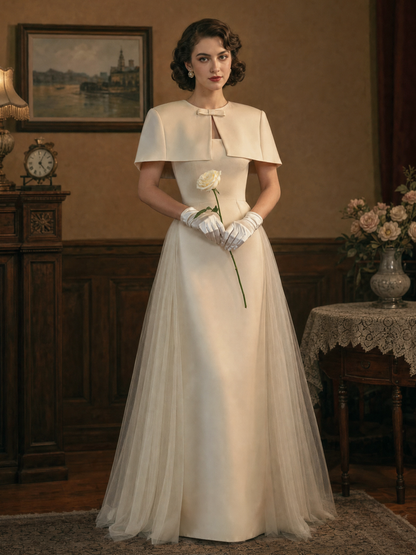 Vintage Two-Piece Set, Cape & Mesh Panel Strapless Dress