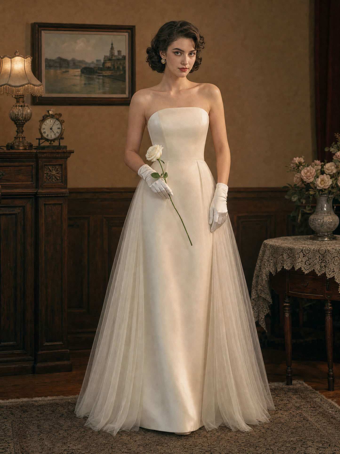 Vintage Two-Piece Set, Cape & Mesh Panel Strapless Dress