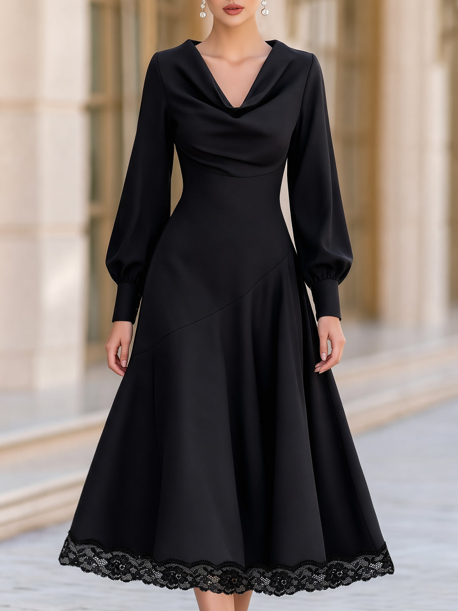 Draped Cowl Neck Lace Hem A-Line Midi Dress