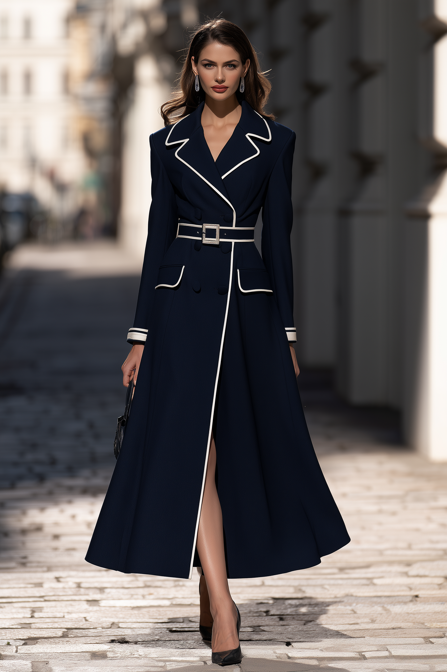 Color-Blocked Piping Belt Suit-Style Long Dress