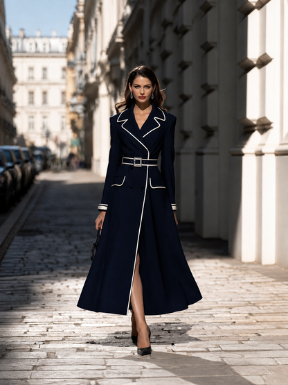 Color-Blocked Piping Belt Suit-Style Long Dress