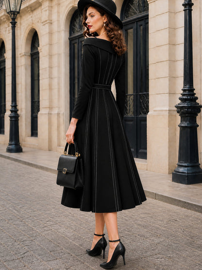 Vintage Pinstripe Cold A-Line Midi Dress